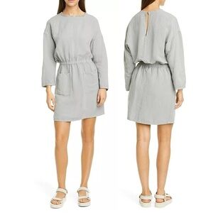 NSF Lulysia Long Sleeve Linen Blend Gray Boho Minimalist Peasant Mini Dress Sz M